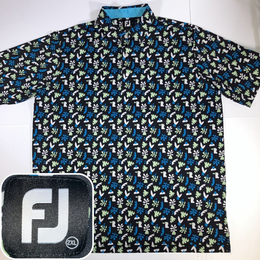 FootJoy Polo Shirt Mens 2XL Black Blue Lime Abstract Jungle Leaves Lisle Golf